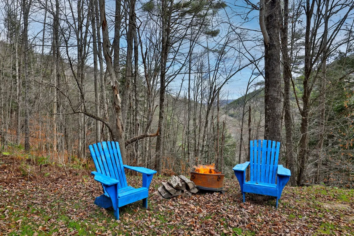 A cozy outdoor fire pit surrounded by blue Adirondack chairs, nestled among tall trees. The scene suggests a group gathered around the fire, with the natural landscape offering privacy and tranquility. The golden light hints at a sunset or early evening, inviting relaxation and conversation.
